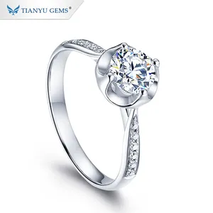 Tianyu Cincin Pernikahan Emas Permata Cincin Pertunangan Wanita Berlian Moissanite Potongan Bulat D-F VVS Hati & Panah