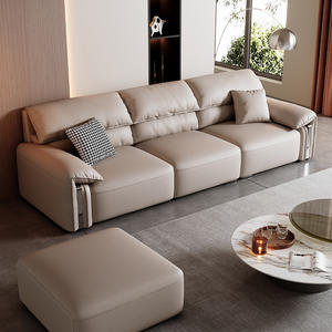 Sofá italiano minimalista de cuero genuino de tres plazas, forma recta, tapizado para sala de estar - Product Image 2