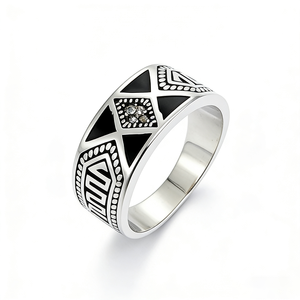 Anillo de Sello para Hombre de Plata de Ley 925 Kaanjewelry, Anillos de Plata con Patrón Geométrico de Marcasita y Esmalte Negro Vintage para Hombre - Product Image 4
