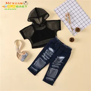 Newborn Kid Do Bebê Partes Superiores Das Meninas + colete + Calça Jeans Denim Buraco Calças Outfits 2 pedaço conjunto terno