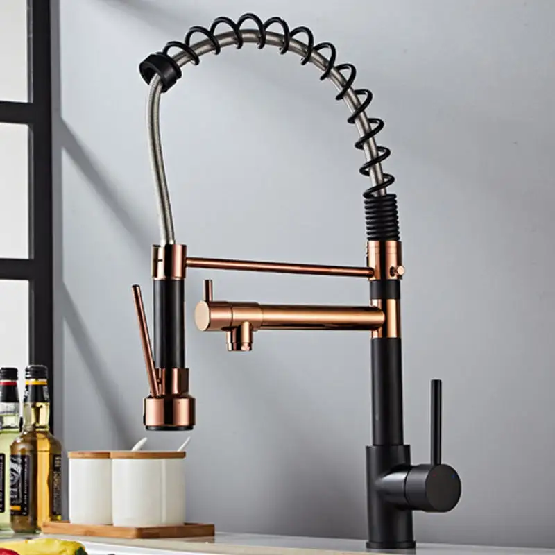 Black Gold Luxury Single Torneira Cozinha Goumert Pull Out Spring Sprayer Dual Spout Kitchen Sink Ta