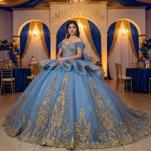 Dy20304 Dusty Blue Sweetheart <b>Corset</b> Bodice Ball Gown <b>Prom</b> <b>Dress</b> Heavy Gold Sequin Applique Layered Bow Train Jancember - Product Image 1