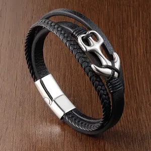 China Fabrikant Lederen Armband Met Roestvrij Staal Voor Mannen Touw Heren Lederen Armbanden Gegraveerd Groothandel