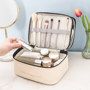 HANFEIZI Wholesale PU Leather Cosmetic Bag Transparent Double Layer Make up Bag Women Travel Portable Wash Bag - Product Image 4