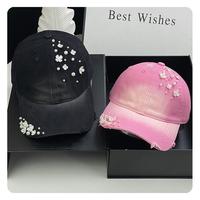 Gorra de Béisbol con Perlas y Flores Estilo Coreano para Mujer, Gorra con Visera Curva y Pedrería, Protección Solar Casual para Todas las Estaciones