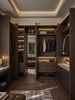 Dressing sur mesure en bois foncé de luxe, armoire italienne moderne avec éclairage LED, système de rangement sur mesure pour toute la maison