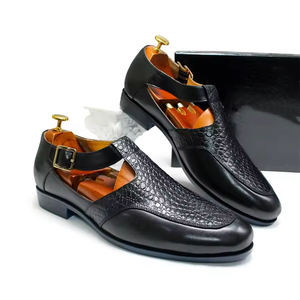 Sandales d'été respirantes pour adultes en cuir de vache véritable, sandales plates décontractées de haute qualité pour hommes, sandales tendance à boucle et à bride croisée, chaussures de plage - Product Image 1