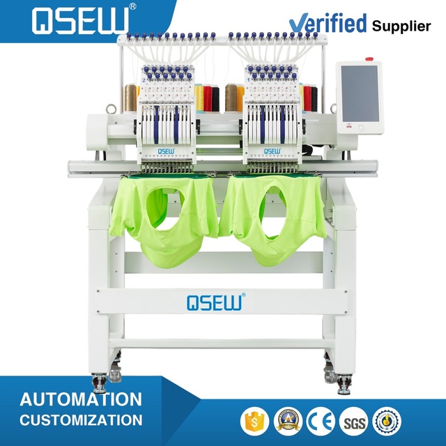 QS-1202 Double Head 12 Needle Cap Flat Computerized Embroidery Machine Dahao Computer for T Shirt logo Label