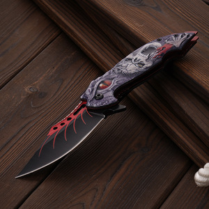 Couteau de poche tactique pliant <span class=keywords><strong>Demon</strong></span> Skull avec poignée imprimée en 3D, lame en acier inoxydable 3Cr13 à revêtement noir, pointe tombante, EDC, pour l'extérieur - Product Image 5