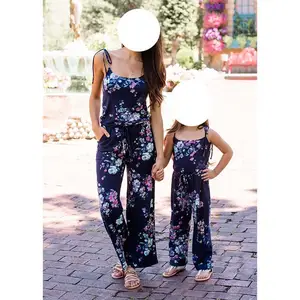 Mommy and Me Clothes Strap Flower Pattern Mother Daughter Matching Jumpsuits For Woman Girls Overalls Romper