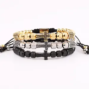 Renting Jewelry New Design Stainless Steel Beads CZ Cross Charm Men Macrame Adjustable Friendship Bracelet