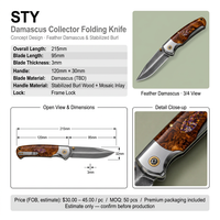 215mm Damast-Klappmesser mit Federmuster, Sammlermesser mit Stabilisiertem Maserholzgriff, Mosaik-Einlage, Rahmenverriegelung, Individuell Anpassbar