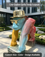 Sculpture de gorille à dégradé de couleurs, jouet tendance personnalisé, figurine de dessin animé tendance en fibre de verre, cadeau d'anniversaire