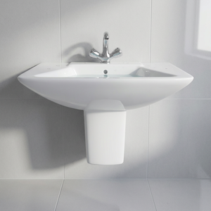 Lavabo mural demi-pied en céramique forme diamant, finition marbre, pour salle de bain - Product Image 2
