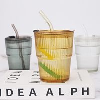 Vaso de Vidrio para Café de 450 ml con Diseño de Rayas Simples, con Tapa y Pajita, Tazas para Té de Burbujas, Taza para Desayuno