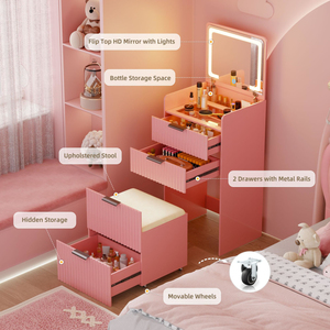 Factory Direct Girls 3 in 1 Small Vanity Desk with Plip Top Mirror Glass Desktop and Storage Compartment Padded Stool - Product Image 3