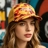 Casquette Trucker personnalisée à 5 panneaux non structurée en mousse camouflage avec dos en maille et corde, broderie personnalisée, casquette de sport à fermeture snapback avec motif à pois