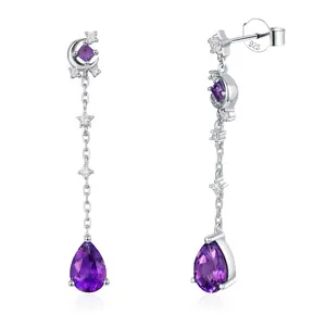 Beautiful white gold plated long drop amethyst jewelry 925 sterling silver natural crystal gemstone dangle earrings women