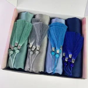 Kustom jilbab rumbai kerut Satin sutra Hijab padat syal polos selendang Muslim bungkus syal Kepala Malaysia Turban Foulard