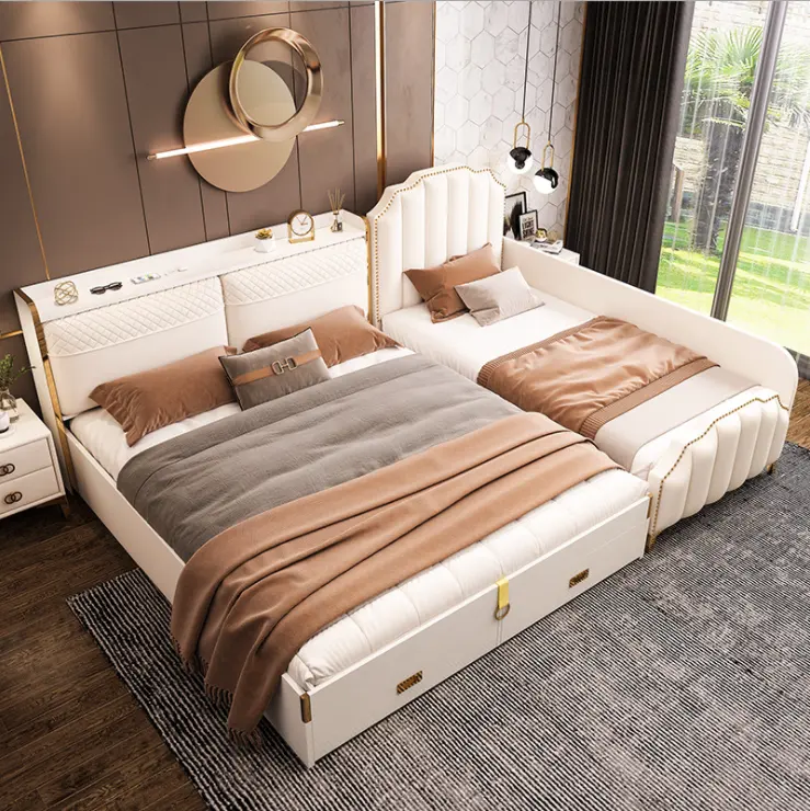 Moderne Eenvoudige Nordic Light Luxe Lederen Bed Kamer Massief Houten Kast Slaapkamer Woonkamer Meubels Set Met Garderobe Sofa