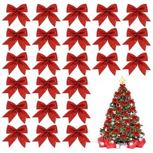 24 PCS <b>Red</b> Glitter Bow <b>Ornament</b> Festive Tree Wreath Gift Package Holiday Party Home Decoration Christmas Bows - Product Image 1
