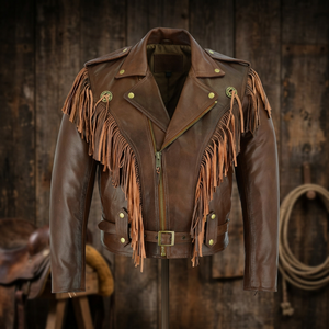 Men's Brown Leather Biker <b>Jacket</b> <b>Fringe</b> Tassel Decor Zipper Closure Turn-down Collar Regular Fit Quick Dry Breathable Winter - Product Image 3