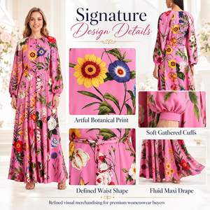 Elegante Abito <span class=keywords><strong>Lungo</strong></span> Floreale Rosa con Collo Tondo, <span class=keywords><strong>Maniche</strong></span> Lunghe <span class=keywords><strong>a</strong></span> <span class=keywords><strong>Palloncino</strong></span> e Cintura Abbinata, <span class=keywords><strong>Vestito</strong></span> Casual Formale <span class=keywords><strong>a</strong></span> Linea <span class=keywords><strong>A</strong></span> per Donne - Product Image 3
