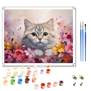 Dipinto <span class=keywords><strong>su</strong></span> <span class=keywords><strong>Tela</strong></span> con Numeri Personalizzato all'Ingrosso, Gatto Carino e <span class=keywords><strong>Fiori</strong></span> <span class=keywords><strong>su</strong></span> Lino, Pittura per Adulti, Decorazione Casa, Dipinto a Mano - Product Image 1