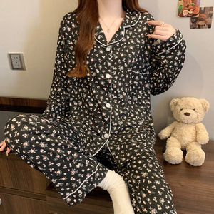 Lente Koreaanse gerimpelde pyjama's Zoete meisjes revers lange mouwen <span class=keywords><strong>sets</strong></span> borstzak elastische taille multi-print buitenkleding nachtkleding huispak - Product Image 4