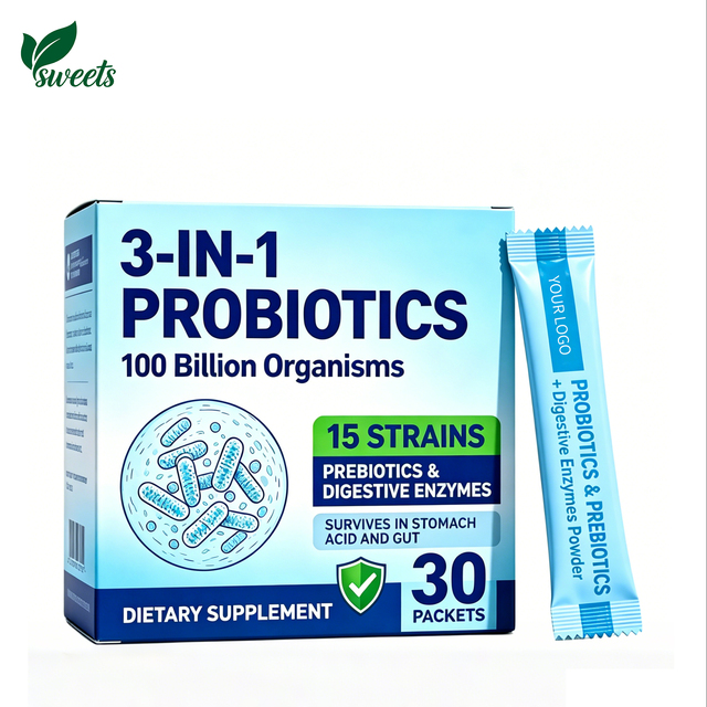 3-in-1 Probiotics Powder Packets, 100 Billion CFU 15 Strains with Prebiotics & Digestive Enzymes,  for Gut Health, 30 Packets