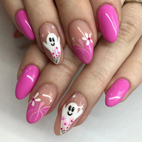 24 faux ongles à presser Halloween, forme amande, French manucure, réutilisables, en ABS, motif toile d'araignée fantôme mignon, pour femmes et filles