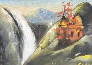 Peinture à l'aquarelle moderne de paysage naturel, peinte à la main, sur toile, avec château de montagne, drapeaux rouges et cascade, pour décoration intérieure - Product Image 3