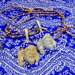 Collier Pendentif Visage Franklin en Laiton avec Zircon Micro-Incrusté et Émail Bleu, Chaîne à Maillons, Bijoux Hip Hop pour Hommes – Le Meilleur Bling CZ - Product Image 3