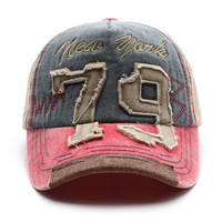 Gorra de Béisbol de 5 Paneles con Bloques de Color, Parches Deshilachados de Algodón Lavado, Bordado y Visera Curva Ajustable