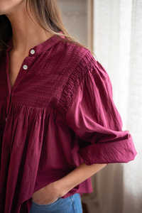 Camicetta da <span class=keywords><strong>donna</strong></span> <span class=keywords><strong>bordeaux</strong></span> all'ingrosso 100% maniche a lanterna di cotone camicia da <span class=keywords><strong>donna</strong></span> primavera estate autunno Casual a palloncino plissettato top - Product Image 4