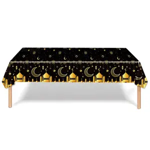 Impermeable Eid negro oro Luna mantel Luna estrella mantel desechable mesa cubierta Ramadán para boda