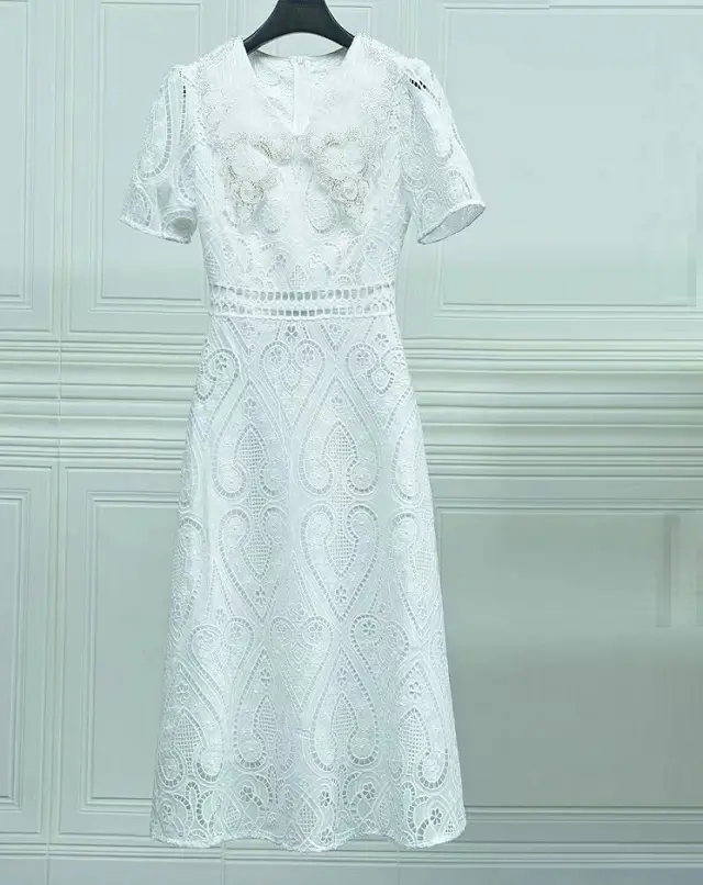 Top Quality Lace Dress 2023 Spring Summer Party Vestidos Women White Turn-down Collar Sweetheart Embroidery Elegant Dress XXL