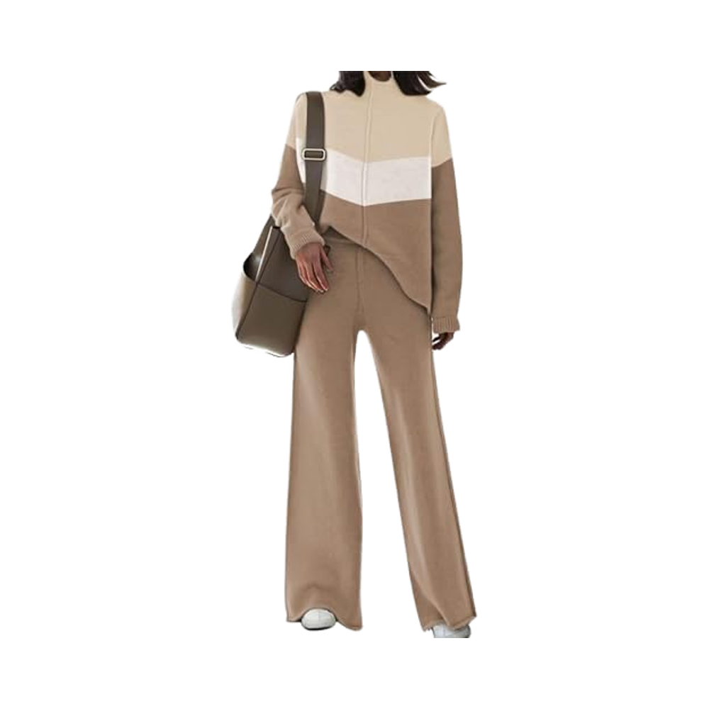 AOHITE Women's Casual 2-Piece Outfit Set Long Sleeve Knit Pullover Sweater Top Wide Leg Print Pants O-Neck Daily Style XL Winter