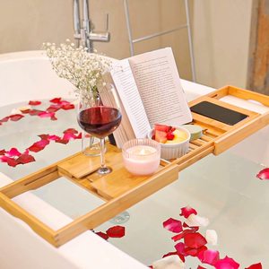 Plateau de bain pliable et extensible en bambou écologique, support de bain durable en bois avec <span class=keywords><strong>porte</strong></span>-tablette pour hôtels et spas - Product Image 4