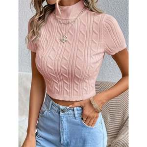 Suéter de Punto Trenzado con Cuello Alto y Manga Corta Color Leche Talla XS para Mujer - Product Image 4