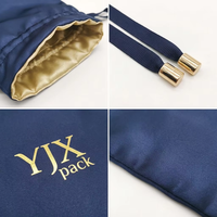 Sac à cordon en satin de soie double couche avec logo personnalisé, bleu et or, grand format, pour cosmétiques, bijoux, perruques et emballages capillaires, pour YJX