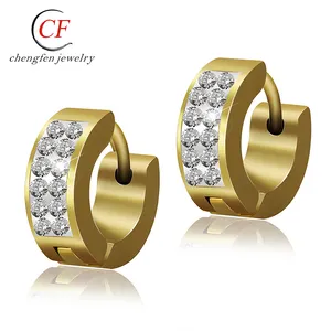 Bijoux en acier inoxydable anneau rond cz diamant plaqué or boucle d'oreille
