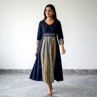 Robe indienne pakistanaise à col en V, manches longues, longueur midi, taille brodée, jupe rayée, vêtements décontractés pour femmes