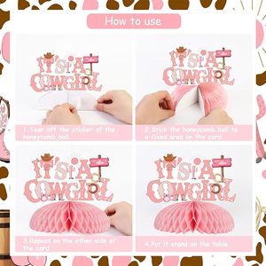 8 pièces Décoration de table en papier écologique rose, thème Cowgirl Western, centre de table nid d'abeille pour baby shower Cowgirl - Product Image 3