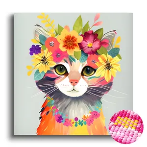 Little Gray Cat Flower Diamond Painting Waterproof Canvas DIY Diamond Painting Diamond Painting Flowers