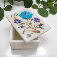 Caja de Joyería de Mármol Blanco Pulido, Rectangular de 4 Pulgadas, Hecha a Mano con Incrustaciones de Piedras Multicolores, HANDICRAFTS INN AB-JB-MB1004