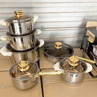 RTS Set alat masak antilengket, peralatan masak baja tahan karat tebal 12 buah panci sup telinga ganda panci susu penggorengan Set memasak emas