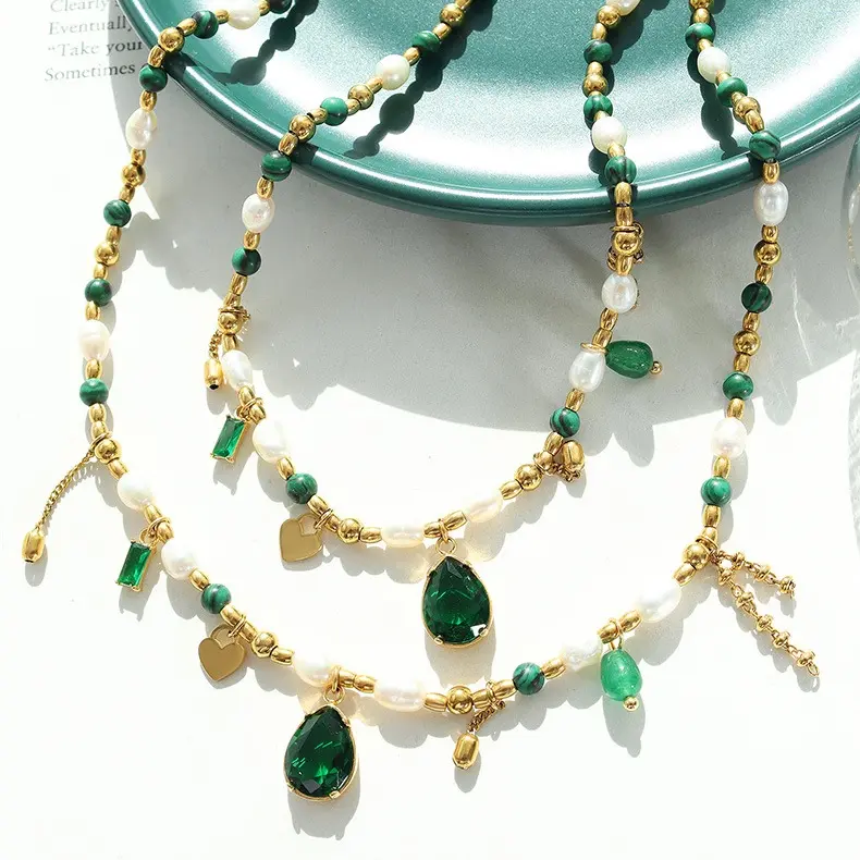 Summer Beaded Cz Tassel Necklace New Design 18k Gold Plated Stainless Steel Bead Natural Pearl Malachite Beaded Necklace