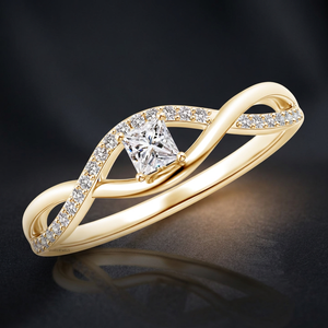 Bague de fiançailles en or 10K, 14K, 18K ou argent 925, 935 avec diamant de laboratoire taille princesse et diamants pavés sur les côtés, design Infinity Twist - Product Image 1