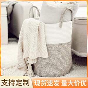 ตะกร้าเก็บของผ้าฝ้ายทอมือทรงกลม สำหรับจัดเก็บของเล่นเด็ก ทำจากผ้าฝ้าย 100% แบบตั้งได้ เหมาะสำหรับห้องเด็ก - Product Image 4